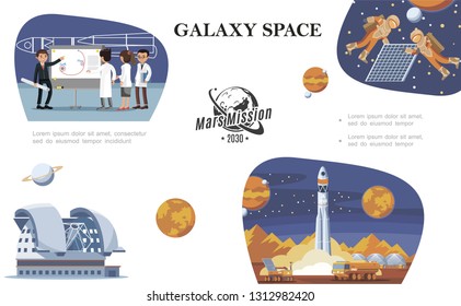 Flat space composition with scientists astronauts in outer space planetarium planets moon rover and rocket launch vector illustration