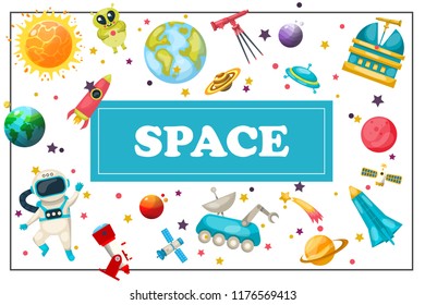 Flat space concept with cosmonaut earth jupiter mars planets sun alien telescope planetary spaceship ufo satellite meteor rocket moon rover in frame vector illustration
