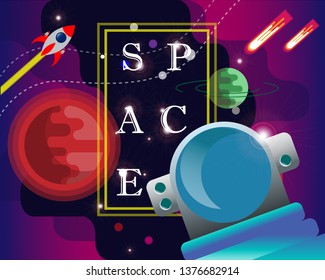 flat space design with astronaut and planets