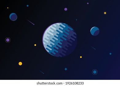 flat space design background. Cute template with  Spaceship, Moon, Black Hole, Stars in Outer space