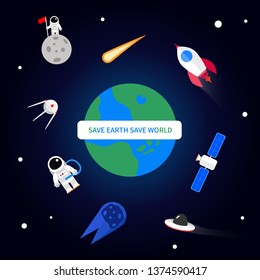flat space design background with text cute template with astronaut, spaceship, rocket, satellite, UFO, meteor, asteroid, moon 