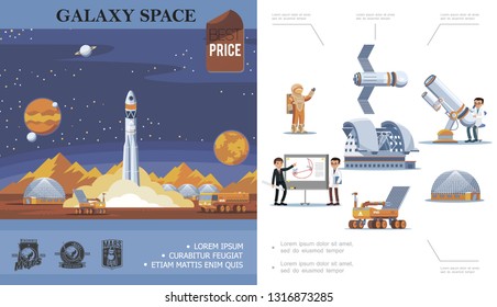 Flat space exploration concept with rocket launch cosmonaut satellite scientists telescope planetarium moon rover mars discovery labels vector illustration