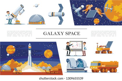 Flat space and galaxy concept with scientists planetarium telescope astronauts fix satellite rocket launch lunar rover and truck vector illustration