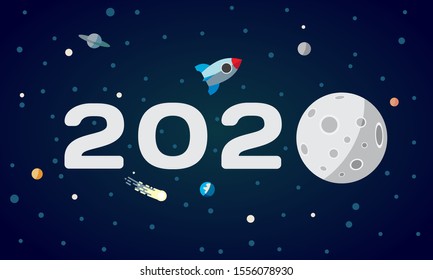 Flat space illustration with flight to the moon concept. 2020 text with rocket and moon. Happy New Year cover, poster, flyer, calendar. flight to the moon concept