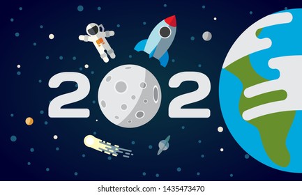Flat space illustration with planet Earth and moon. 2020 text with an astronaut and a rocket. Happy New Year cover, poster, flyer, calendar.