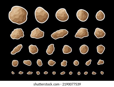 Flat space meteorite stickers vector graphic set. Collection of isolated patches with asteroids, belt rocks and meteorites in color flat style design on black background for galaxy game graphic.