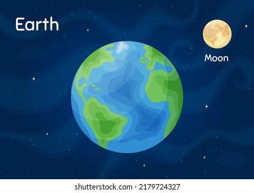 Flat space planet Earth vector illustration. Celestial sphere object graphic concept with space planet Earth on starry night sky flat style background for children galaxy science game