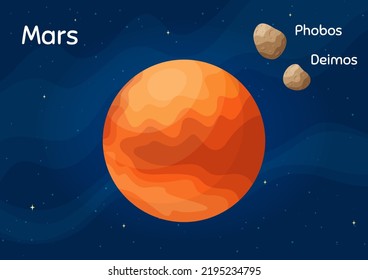 Flat space planet Mars vector illustration. Galaxy space objects art on starry dark blue horizontal background with flat style planet Mars and satelites Phobos and Deimos for universe game design