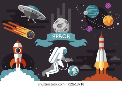 flat space set. rocket. cosmonaut.