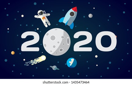 Flat space theme illustration for calendar. The astronaut and rocket on the moon background. 2020 Happy New Year cover, poster, flyer.