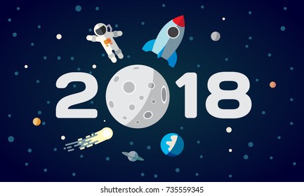 Flat space theme illustration for calendar. The astronaut and rocket on the moon background. 2018 Happy New Year cover, poster, flyer.