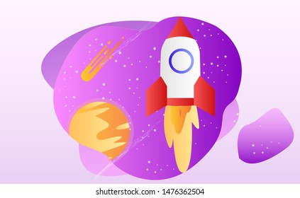Flat spaceman illustration vector. Outer space illustration with gradient color. Space travel by an astronaut using a rocket