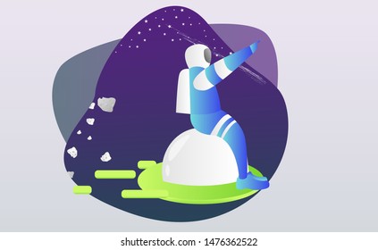 Flat spaceman illustration vector. Outer space illustration with gradient color. Space travel by an astronaut using a rocket