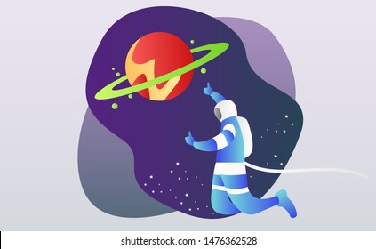 Flat spaceman illustration vector. Outer space illustration with gradient color. Space travel by an astronaut using a rocket