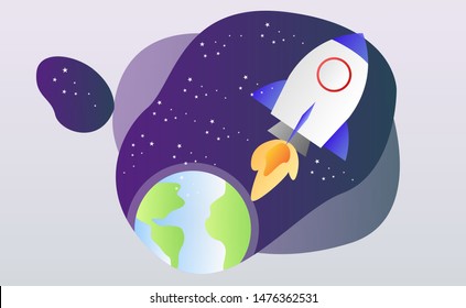 Flat spaceman illustration vector. Outer space illustration with gradient color. Space travel by an astronaut using a rocket