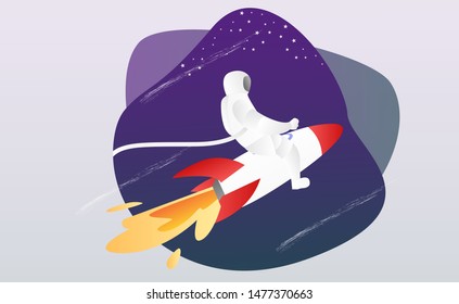 Flat spaceman illustration vector. Outer space illustration with gradient color. Space travel by an astronaut using a rocket