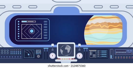 Flat spaceship cabin with control panels dashboard and porthole. Spacecraft screen and buttons. Space navigation center room vector interior. Futuristic cosmic ship cockpit, galaxy exploration