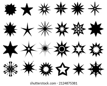 Flat sparkle stars black silhouettes, logo designs. Twinkle magic star symbols. Sparkles and glitter particles shapes. Star icons vector set. Glowing shiny light elements for christmas