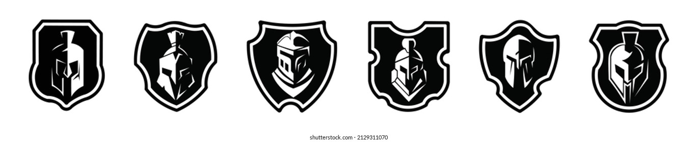 flat spartan shield black logo icon set designs vector illustration on a white background