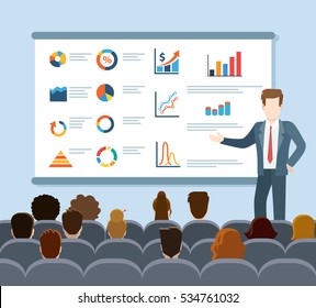 Flat Speaker And Audience Listening Marketing, Sales And E-commerce Seminar Vector Illustration. Business Professional Training Concept.