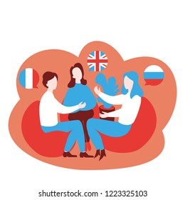 Flat Speaking Club And Discussion Class. Multilingual Cartoon Students Learn English, French And Russian In School, Learning Foreign Languages Course. Conversation With Flag In Speech Bubble Vector