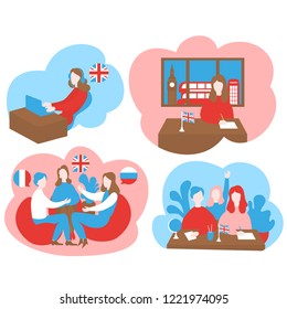 Flat speaking club, e-learning, audiopodcast and online education. Cartoon students learn English, French and Russian in school, learning foreign abroad in London, travel languages course vector