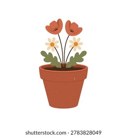 A flat of a speckled terracotta clay pot containing two red poppy flowers and two white daisies with yellow centers. The flowers thin dark stems and are surrounded by stylized, lobed green leaves. The pot is filled with dark brown soil. The entire composition is centered against a plain white background, featuring a simple, clean aesthetic with muted, earthy colors and distinct shapes.