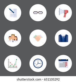 Flat Spectacles, Costume, Calendar And Other Vector Elements. Set Of Job Flat Symbols Also Includes Loudspeaker, Chart, Deal Objects.