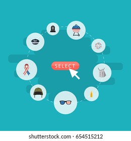 Flat Spectacles, Identity, Hat And Other Vector Elements. Set Of Day Flat Symbols Also Includes Military, Identity, American Objects.