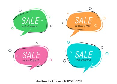 Flat speech bubble shaped banners, price tags, stickers, badges. Vector illustration set