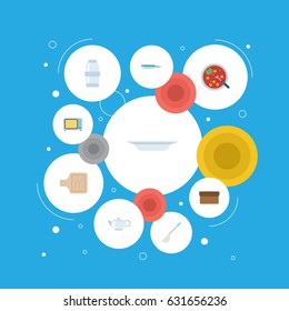 Flat Spice, Dish, Loaf And Other Vector Elements. Set Of Kitchen Flat Symbols Also Includes Broth, Microwave, Salt Objects.