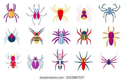 Arañas planas. Abstractas araña decorativa, espeluznante conjunto de insectos vibrantes. Personajes espeluznantes de Halloween. Insecto de Vector neotérico venenoso y peligroso