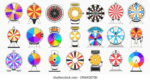 Flat spinning fortune wheel. Spin to win game, colorful lucky chance wheels and casino roulette. Jackpot circle vector illustration set