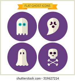 Flat Spirit Ghost Website Icons Set. Vector Illustration. Collection of October Magic Holiday Halloween Party Colorful Circle Icons. Tricks and Treats. Design Elements for Website Mobile Application