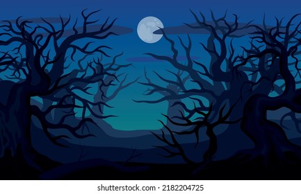 Flat spooky night landscape background with leafless trees and full moon vector illustration