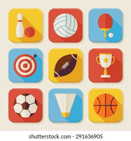 Flat Sport and Activities Squared App Icons Set. Flat Style Vector Illustrations. Team Games. First place. Collection of Square Rectangular Shape Application Colorful Icons with Long Shadow 