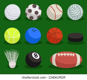 Flat sport ball set. Vector balls on green background vector illustration