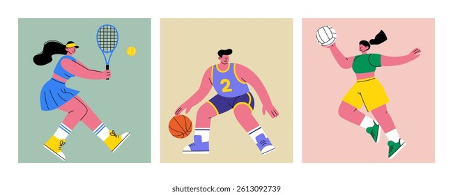 Flat sport characters playing tennis, basketball, and volleyball. Vector set for posters, web, kids projects, or sports materials