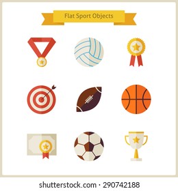 Flat Sport and Competition Winning Objects Set. Sports and Activities. Success Leader and Winner. First place. Collection of Back to School Objects isolated over white. Healthy Lifestyle.