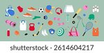 Flat sport equipment and accessories vector set – fitness gear, gym items, balls, rackets, shoes, bags, minimal style illustration for workout, training, active lifestyle design