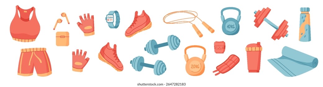 Equipamentos de esporte plano definir fundo com acessórios de ginástica como kettlebell, haltere, tapete, tênis e corda. Ideal para fitness, treinamento, treino e temas de estilo de vida saudável.