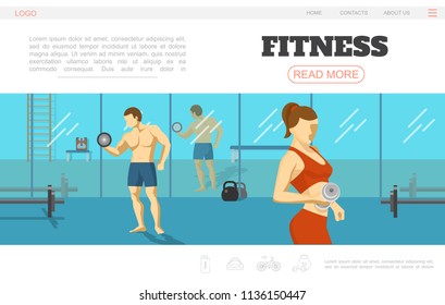 Flat sport and fitness webpage template with athletic man and woman lifting dumbbells in gym vector illustration
