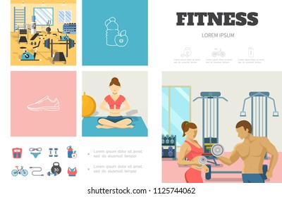 Flat sport infographic template with fitness gym man and woman lifting dumbbells girl meditating in yoga pose sportswear bicycle scales vector illustration