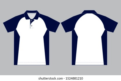 Flat Sport Raglan Polo Shirt Design White/Navy Colors Vector. 
Front And Back Views.