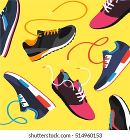 Flat sport sneakers background concept. Vector illustration design