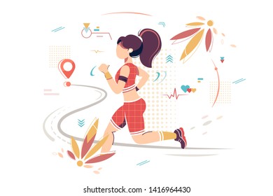 Flat sport woman with sportswear running to point. Concept isolated girl character with modern health care tracker device. Vector illustration.