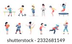 Flat sporting teenagers, sport athletics children. Student play volleyball, soccer and ski. Little baseball champion, recent vector characters