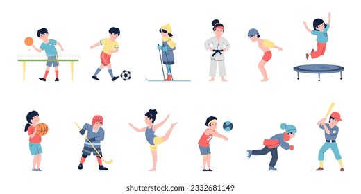 Flat sporting teenagers, sport athletics children. Student play volleyball, soccer and ski. Little baseball champion, recent vector characters