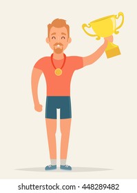 Flat Sportsman. Winner with Golden Medal and Cup. Vector Illustration