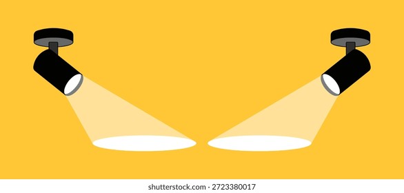 Destaque plano com luz branca brilhante no plano de fundo amarelo. Efeito iluminado do projetor suspenso para cartaz publicitário. Iluminação de vetor de lâmpada preta.